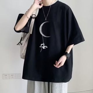 Tシャツ 宇宙 月 カジュアル ゆったり メンズ レディース ブラック 黒 XL(Tシャツ/カットソー(半袖/袖なし))