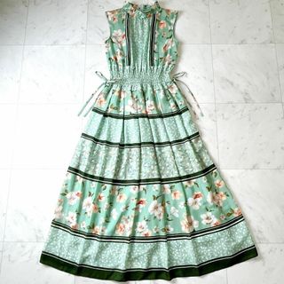 ジルスチュアート(JILLSTUART)のジルスチュアート F 花柄 シフォン 総柄 ロングワンピース ノースリーブ 緑(ロングワンピース/マキシワンピース)