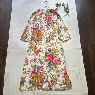 ザラ(ZARA)の美品　ZARA ザラ　バントカラーフラワーシャツワンピース　M 花柄　ロング(ロングワンピース/マキシワンピース)