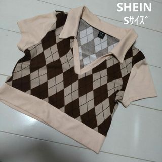 シーイン(SHEIN)のSHEIN Sサイズ V字カラー アーガイルプリント ティー ブラウン系(ニット/セーター)