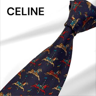 セリーヌ(celine)の【美品】CELINE ネクタイ 馬 木馬 ネイビー スペイン製(ネクタイ)