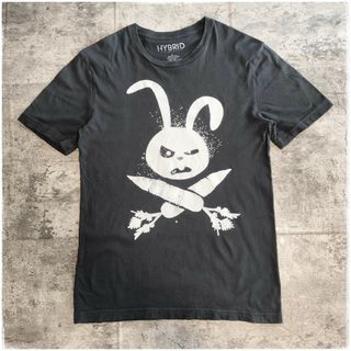 【C437】HYBRID USA古着 半袖Tシャツ 黒 ロック アニマル ウサギ(Tシャツ/カットソー(半袖/袖なし))