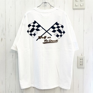 新品　80s 90sチェッカーフラッグ　刺繍　半袖Tシャツ　バックプリント　白(Tシャツ/カットソー(半袖/袖なし))