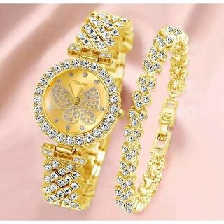 女性用蝶ラインストーンファッション腕時計 ブレスレットセット(ゴールド)(腕時計)
