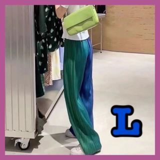 青×緑 L レディース パンツ バイカラー ボトムス リブ ワイド 大人(その他)