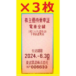 3枚セット2024/6/30迄 東武鉄道 電車全線片道切符(株主優待乗車証)②(鉄道乗車券)