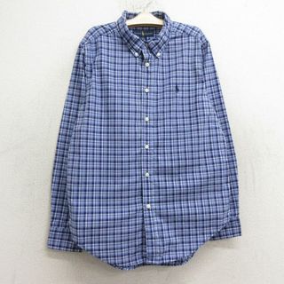 ラルフローレン(Ralph Lauren)の古着 ラルフローレン Ralph Lauren 長袖 ブランド シャツ キッズ ボーイズ 子供服 ワンポイントロゴ コットン ボタンダウン 薄紺 ネイビー チェック 24may29(シャツ/カットソー)