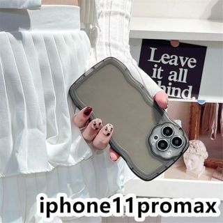 iphone11promaxケース 透明 波型花 ブラック264(iPhoneケース)