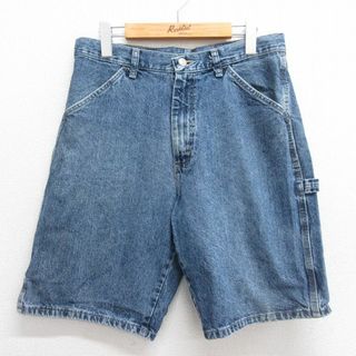 ラングラー(Wrangler)のW32★古着 ラングラー Wrangler ショート ペインター パンツ ショーツ メンズ コットン 紺 ネイビー デニム 【spe】 24may29 中古 ボトムス 短パン ショーパン(ワークパンツ/カーゴパンツ)