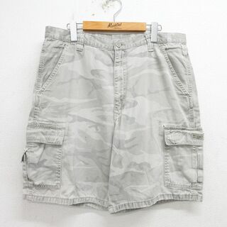 ラングラー(Wrangler)のW36★古着 ラングラー Wrangler ショート カーゴ パンツ ショーツ メンズ コットン グレー 迷彩 24may29 中古 ボトムス 短パン ショーパン(ワークパンツ/カーゴパンツ)