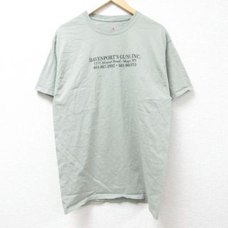 ヘインズ(Hanes)のL★古着 ヘインズ Hanes 半袖 Tシャツ メンズ DAVENPORTS GUNS コットン クルーネック 薄緑 グリーン 24may29 中古(Tシャツ/カットソー(半袖/袖なし))