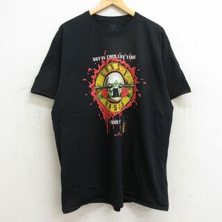 フルーツオブザルーム(FRUIT OF THE LOOM)のXL★古着 フルーツオブザルーム 半袖 ロック バンド Tシャツ メンズ ガンズアンドローゼズ 大きいサイズ ロング丈 コットン クルーネック 黒 ブラック 24may29 中古(Tシャツ/カットソー(半袖/袖なし))