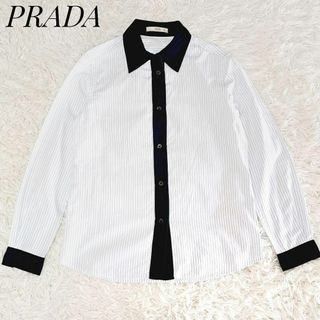 プラダ(PRADA)のプラダ 美品✨バイカラー パイピングデザイン ストライプシャツ 水色 38(シャツ/ブラウス(長袖/七分))