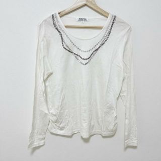 ハナエモリ(HANAE MORI)のHANAE MORI(ハナエモリ) 長袖カットソー サイズL レディース - 白×グレーベージュ×ブラウン クルーネック/ラインストーン(カットソー(長袖/七分))