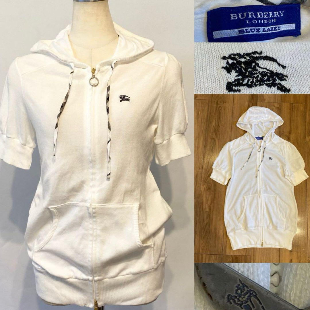 【完売】  バーバリーブルーレーベルニットパーカー白M ホースWジップノバ トップス
