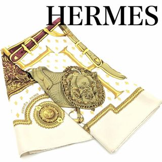 エルメス(Hermes)の【極美品】エルメス 　スカーフ　カレ90　ベージュ　カーキ　サドルカバー(バンダナ/スカーフ)