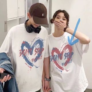 【人気商品】Tシャツ　半袖　ビッグハート　ペア　カップル　ホワイト　大きめ　L(Tシャツ(半袖/袖なし))