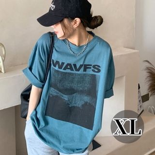 ブルー Tシャツ シンプル ロゴ フロント プリント XL 体系カバー 韓国(Tシャツ(半袖/袖なし))