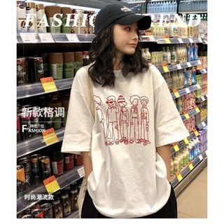 シャツ オーバーサイズ プリント カジュアル ストリート 可愛い 韓国 白(Tシャツ(半袖/袖なし))