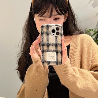 【新品】　スマートフォンケース　iPhone15　チェック　アンニュイ　ホワイト(iPhoneケース)