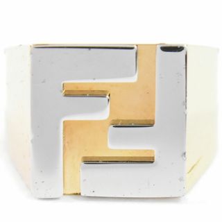 本物 フェンディ FENDI FF ロゴ コンビ リング 指輪 L 25号 GP ゴールドメッキ メタル シルバー金具 アクセサリー ジュエリー 中古