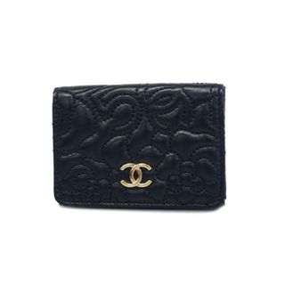 シャネル(CHANEL)の【4ie5719】シャネル 三つ折り財布/カメリア/ラムスキン/ネイビー/シルバー金具 【中古】 レディース(財布)