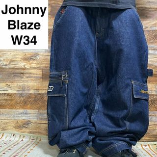 ジョニーブレイズ(JOHNNY BLAZE)のジョニーブレイズバギーデニムカーゴパンツストリート古着極太b系y2k紺刺繍w34(デニム/ジーンズ)