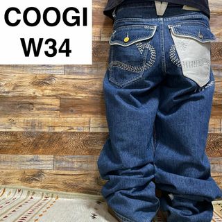 クージー(COOGI)のクージーバギーデニムジーンズ刺繍ストリートb系w34極太オーバーサイズ青ブルー(デニム/ジーンズ)