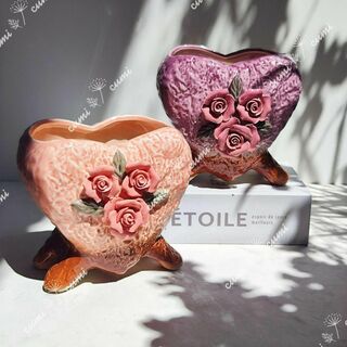 韓国 2個セット 花シリーズ フラワー ピンク&紫色 ハート 植木鉢 おしゃれ(プランター)