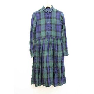 【夏物 新入荷】★R&D.M.Co OLDMAN'S TAILOR/オールドマンズテイラー★チェック柄リネンブラウスワンピース/おしゃれ/かわいい/ワンピース/ロング丈/長袖 グリーン/緑 レディース S【中古】春夏 725042(その他)