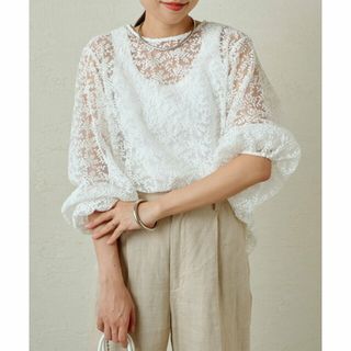 【オフホワイト】【Loungedress】レースパフブラウス