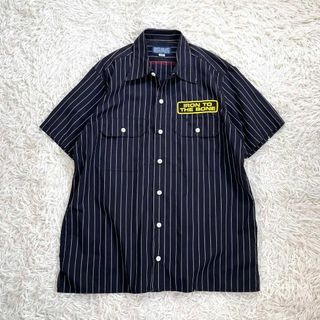 アイアンハート(IRON HEART)の【美品】アイアンハート　半袖ワーク シャツ　ストライプ　ロゴ ワッペン　ブラック(Tシャツ/カットソー(半袖/袖なし))