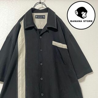 【シルク100%】 ラインシャツ オープンカラー 黒 白 バイカラー 襟ステッチ(Tシャツ/カットソー(半袖/袖なし))