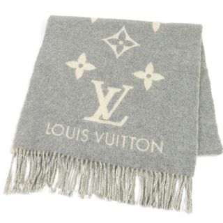 良品□LOUIS VUITTON ルイヴィトン M71126 エシャルプ・レイキャビック カシミヤ100％ モノグラム フリンジ ショール マフラー グレー スコットランド製 正規品 メンズ