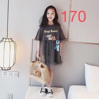 KWDA005キッズ Tシャツワンピース ロング 夏 半袖 プリント 子供服(ワンピース)