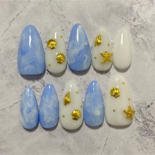 ネイルチップ　ニュアンスネイル　夏ネイル　サマーネイル　ブルー　ニュアンス　貝殻(つけ爪/ネイルチップ)