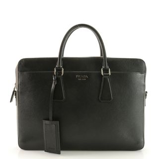 プラダ(PRADA)の極美品 プラダ サフィアーノ レザー ビジネス バッグ 書類鞄 ブリーフケース トート A4 ブラック シルバー 金具 メンズ EEE AB15-2(ビジネスバッグ)