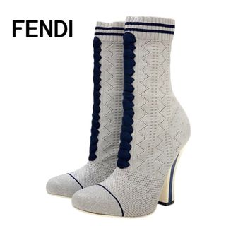 フェンディ(FENDI)のフェンディ FENDI ブーツ ショートブーツ 靴 シューズ ファブリック シルバー ネイビー ソックスブーツ ラメ ニット(ブーツ)