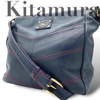キタムラ(Kitamura)の極美品 キタムラ ショルダーバッグ レザー ネイビー 紺色 レッド ロゴ(ショルダーバッグ)