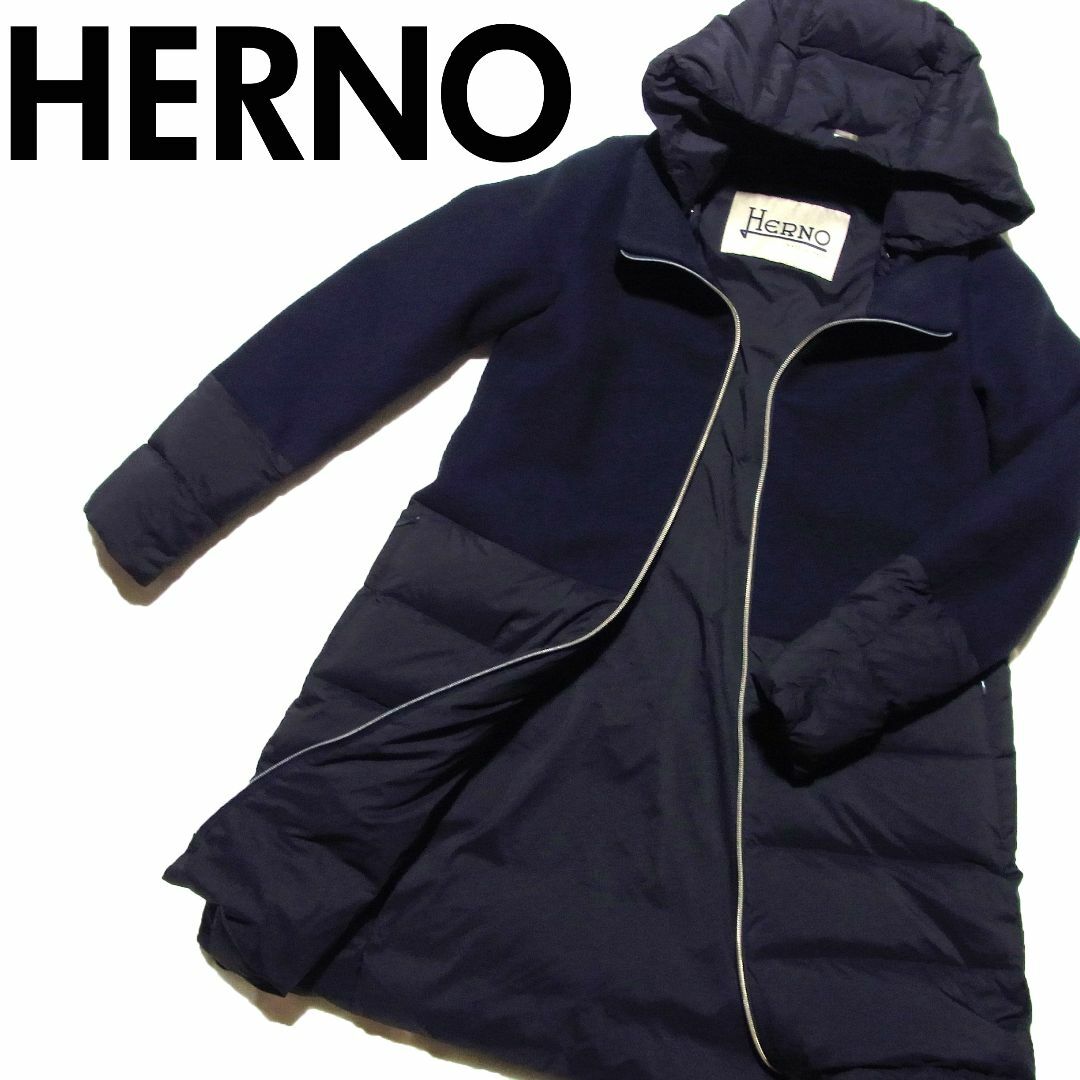 HERNO - HERNO ヘルノ メルトンウール ナイロン 切替 フード ダウン コート 42