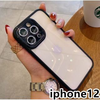 iphone12ケース レンズ保護付き 透明 ブラック292(iPhoneケース)