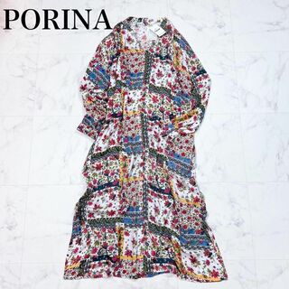 〇【新品】PORINA 花柄 シャツワンピース ネイリッカ ナチュラル(ロングワンピース/マキシワンピース)