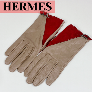 エルメス(HERMES)のエルメス Hロゴ 7 グローブ 手袋 ベージュ　ボルドー　ヤギ革 シェーブル(手袋)