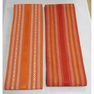 半幅帯　献上柄　正絹　２本　オレンジ色に白の刺繍 & 朱色に白と黄色の刺繍(浴衣帯)