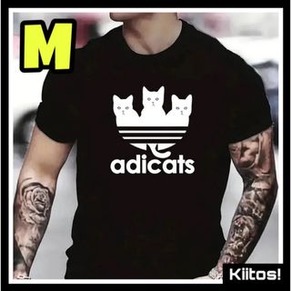 M メンズ 黒 白猫 Tシャツ オモシロ ユニセックス ネタ ネコ 猫グッズ (Tシャツ/カットソー(半袖/袖なし))