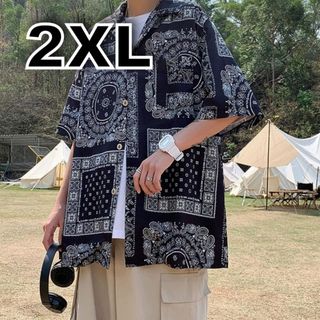 【即売れ】ペイズリー シャツ 半袖 ストリート 黒 2XL オーバーサイズ (シャツ)