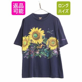 90s USA製 ひまわり アート イラスト 両面 プリント Tシャツ メンズ XL / 90年代 オールド 大きいサイズ 向日葵 フラワー グラフィック 紺(Tシャツ/カットソー(半袖/袖なし))