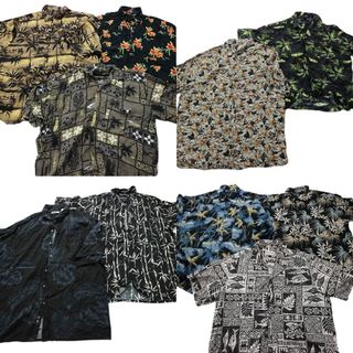 古着卸 まとめ売り 黒ボディ アロハシャツ 半袖シャツ 10枚セット (メンズ L /XL ) ヤシの木 ハイビスカス 魚 MT3000(シャツ)