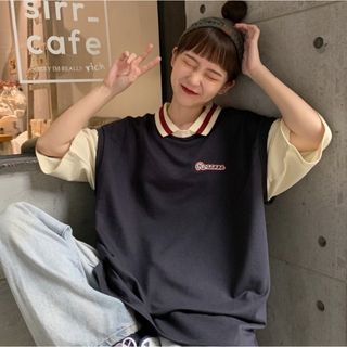 【残り少ない】トップス　Lサイズ　人気　シンプル　半袖　ゆったり　紺色　爆売れ(Tシャツ/カットソー(半袖/袖なし))