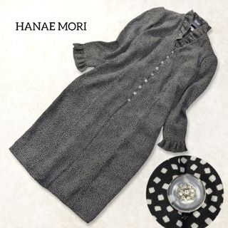 HANAE MORI - ハナエモリ ✿ ドット ワンピース L ネイビー 長袖 フリルカラー 昭和レトロ